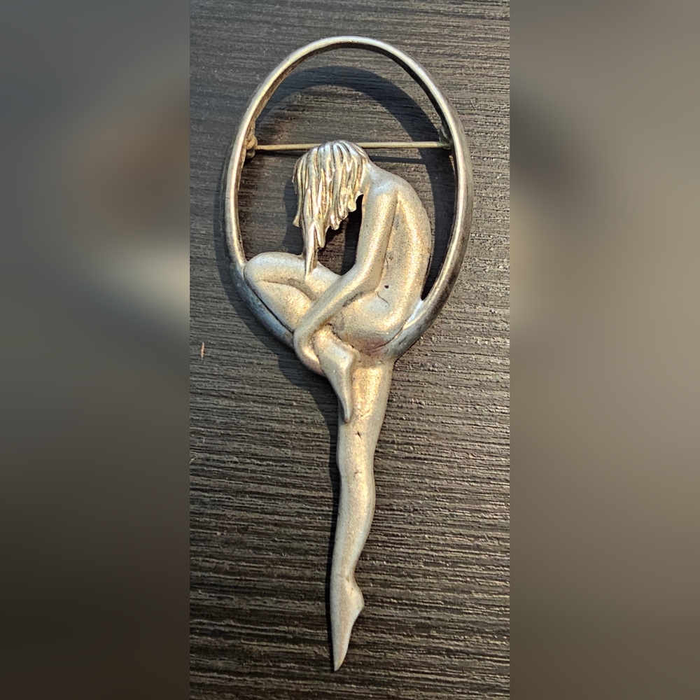 Sterling Art Deco Style Enamel Large Scale Woman Brooch c 1970s
